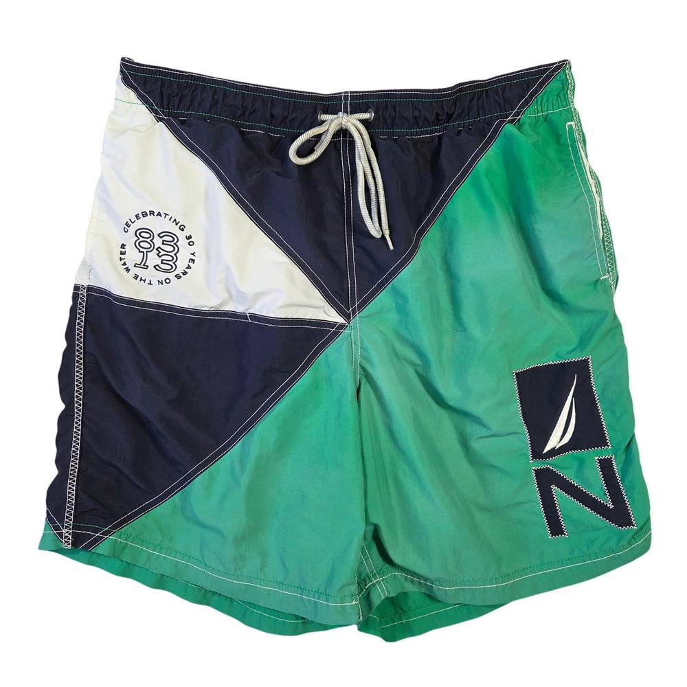 Nautica Mens Colorblock Swim Trunks Green Navy L Beach Resort Outdoors Preppy